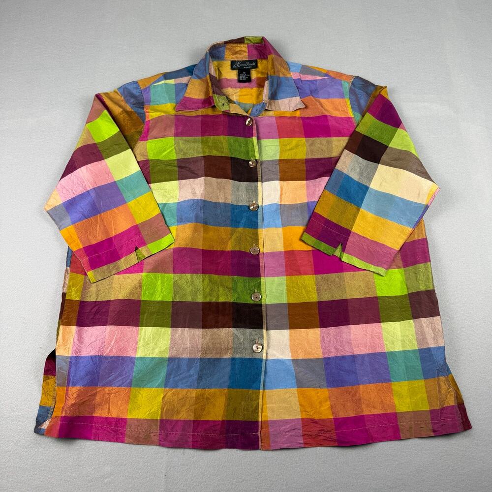 Karen Arnold Silk Plaid Button Front Blouse 1X Colorful